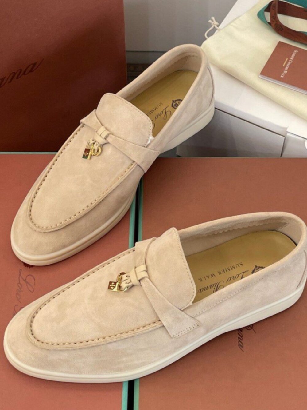 Loro Piana Beige Suede Slip On Loafers